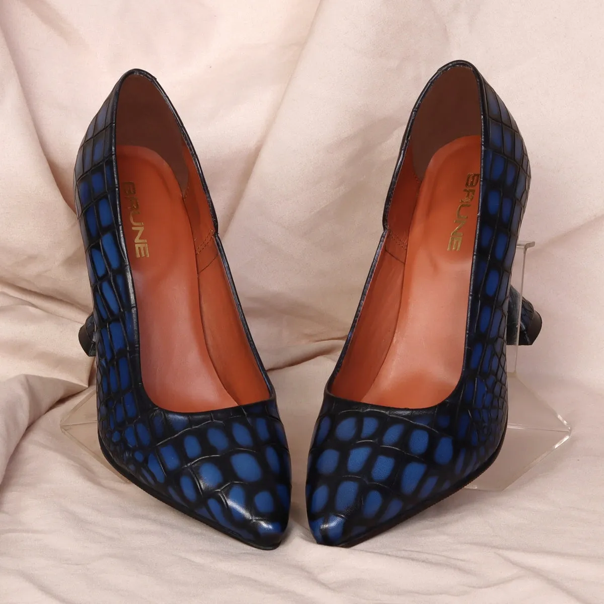 Comfort Ladies Fluted High Heel Pumps Smokey Blue Pointed Toe Croco Textured Leather Footwear By Brune & Bareskin