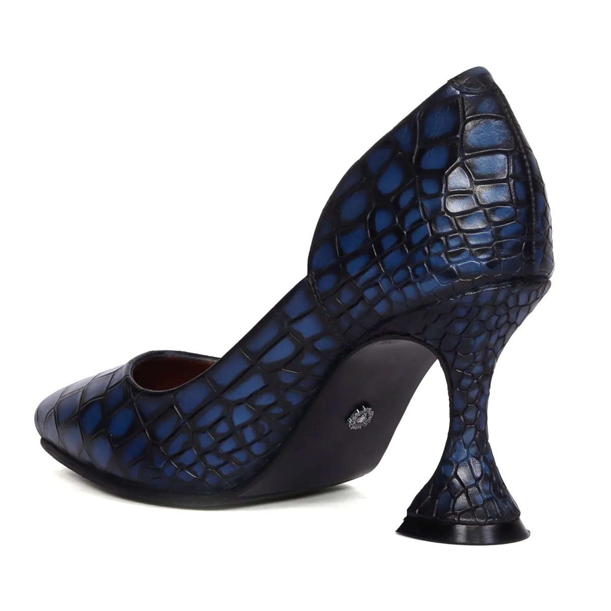 Comfort Ladies Fluted High Heel Pumps Smokey Blue Pointed Toe Croco Textured Leather Footwear By Brune & Bareskin