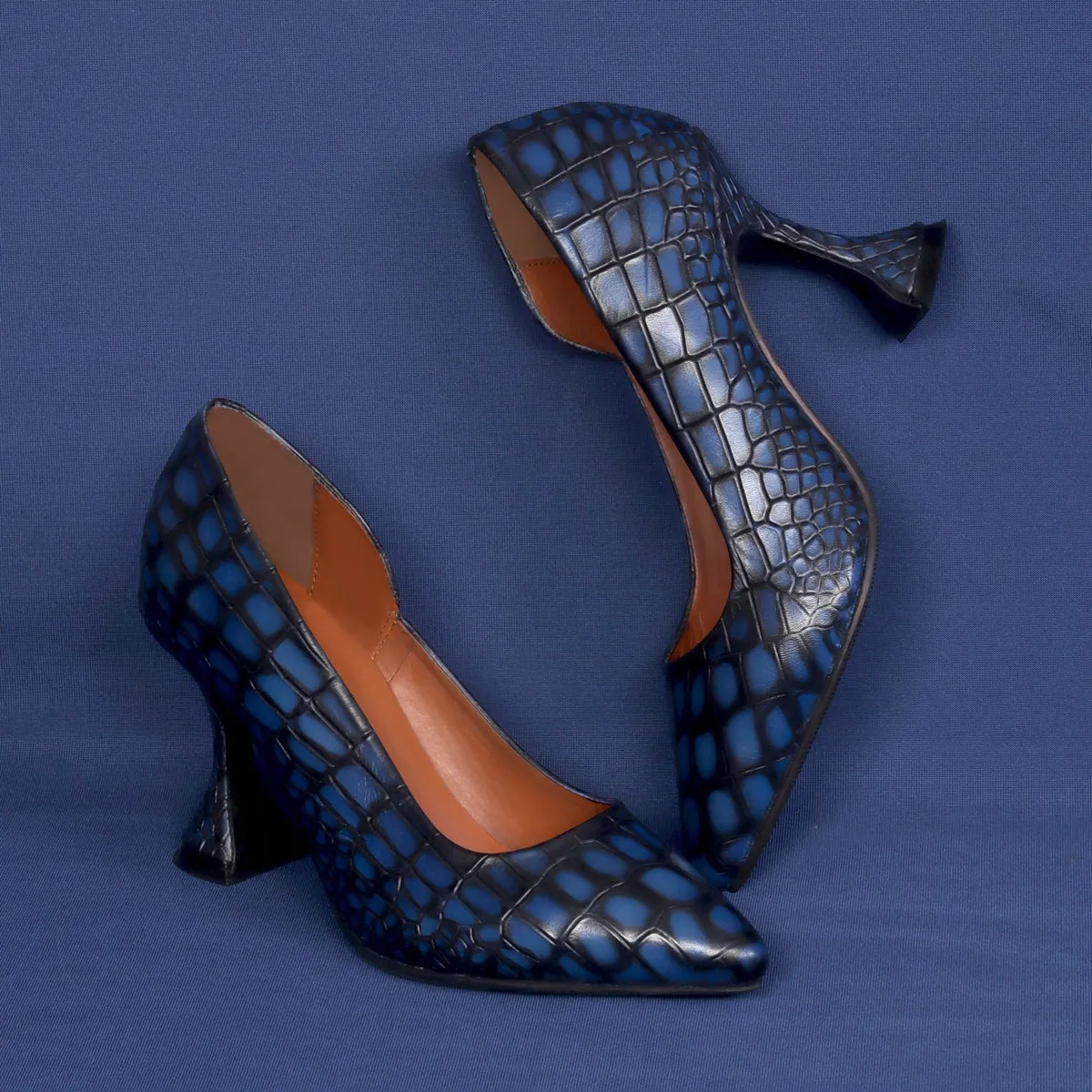 Comfort Ladies Fluted High Heel Pumps Smokey Blue Pointed Toe Croco Textured Leather Footwear By Brune & Bareskin