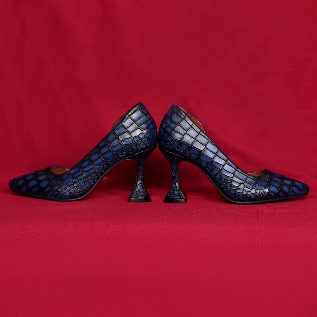 Comfort Ladies Fluted High Heel Pumps Smokey Blue Pointed Toe Croco Textured Leather Footwear By Brune & Bareskin