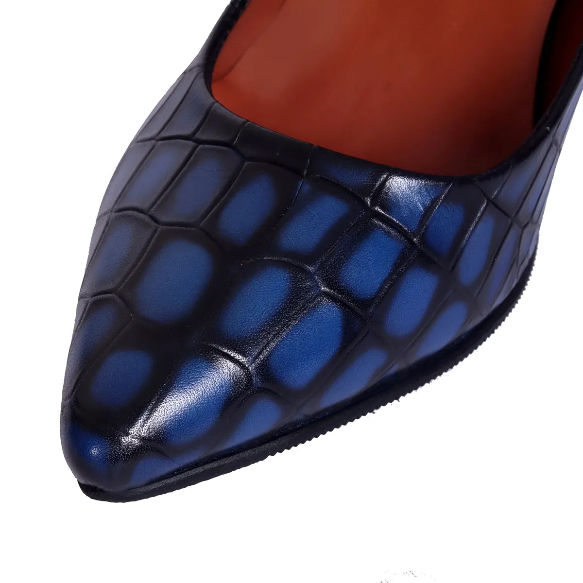 Comfort Ladies Fluted High Heel Pumps Smokey Blue Pointed Toe Croco Textured Leather Footwear By Brune & Bareskin