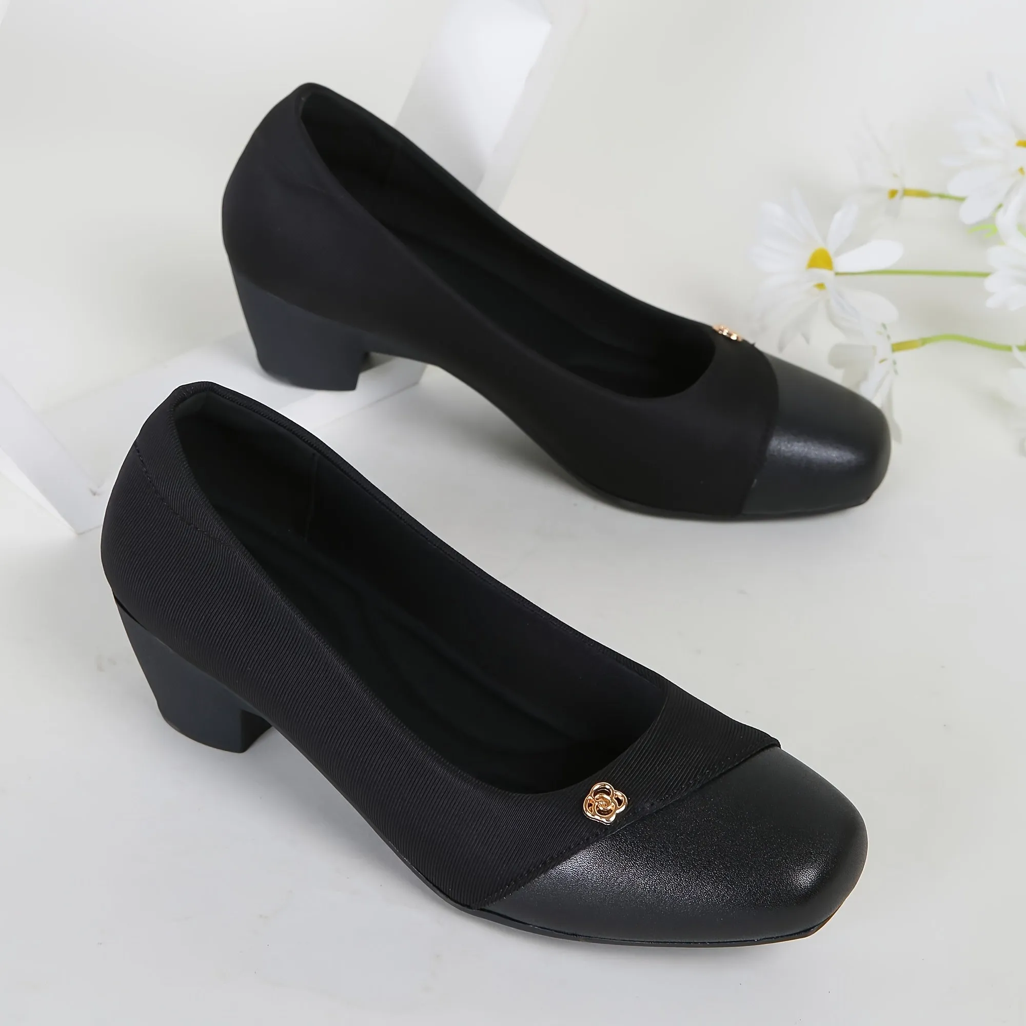 Comfy Chic Black Slip-On Pumps - Low Heel, Chunky, Casual, Office, Commuter Work Shoes for Women - Soft, Breathable, Easy to Walk In