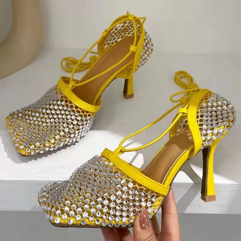 Crystal Fishnet Square Toe Ankle Cross Tied High Heel