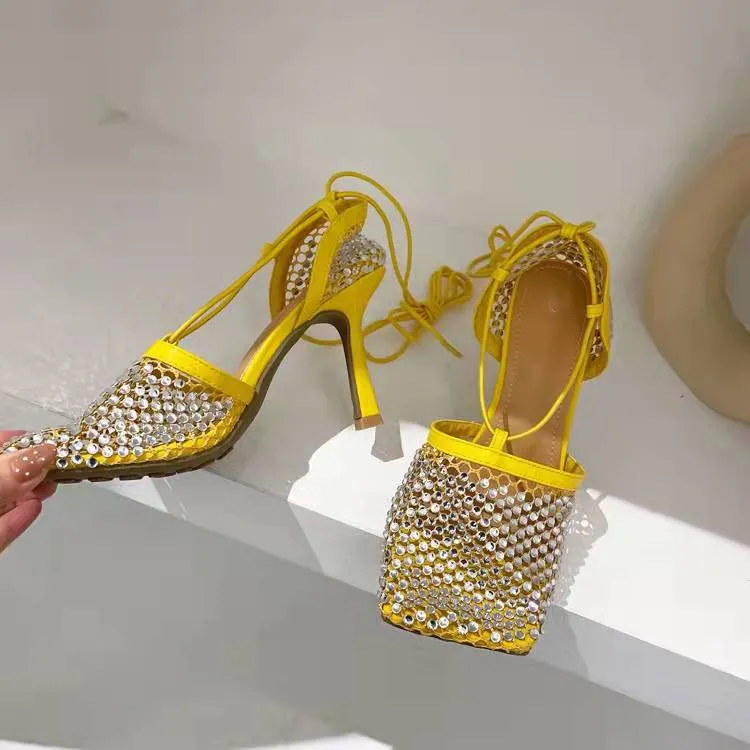 Crystal Fishnet Square Toe Ankle Cross Tied High Heel