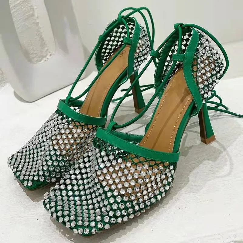 Crystal Fishnet Square Toe Ankle Cross Tied High Heel