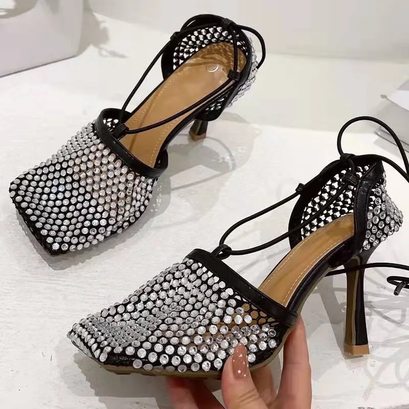 Crystal Fishnet Square Toe Ankle Cross Tied High Heel