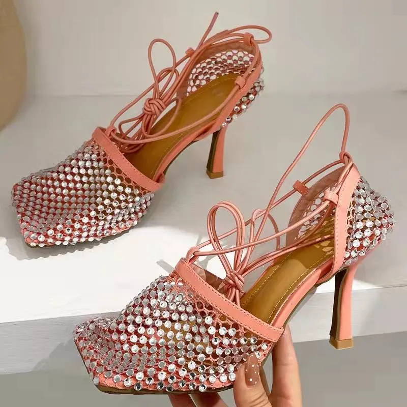 Crystal Fishnet Square Toe Ankle Cross Tied High Heel