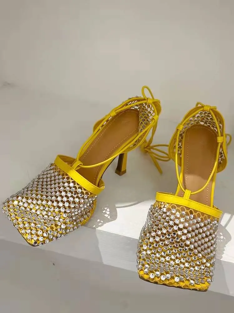 Crystal Fishnet Square Toe Ankle Cross Tied High Heel