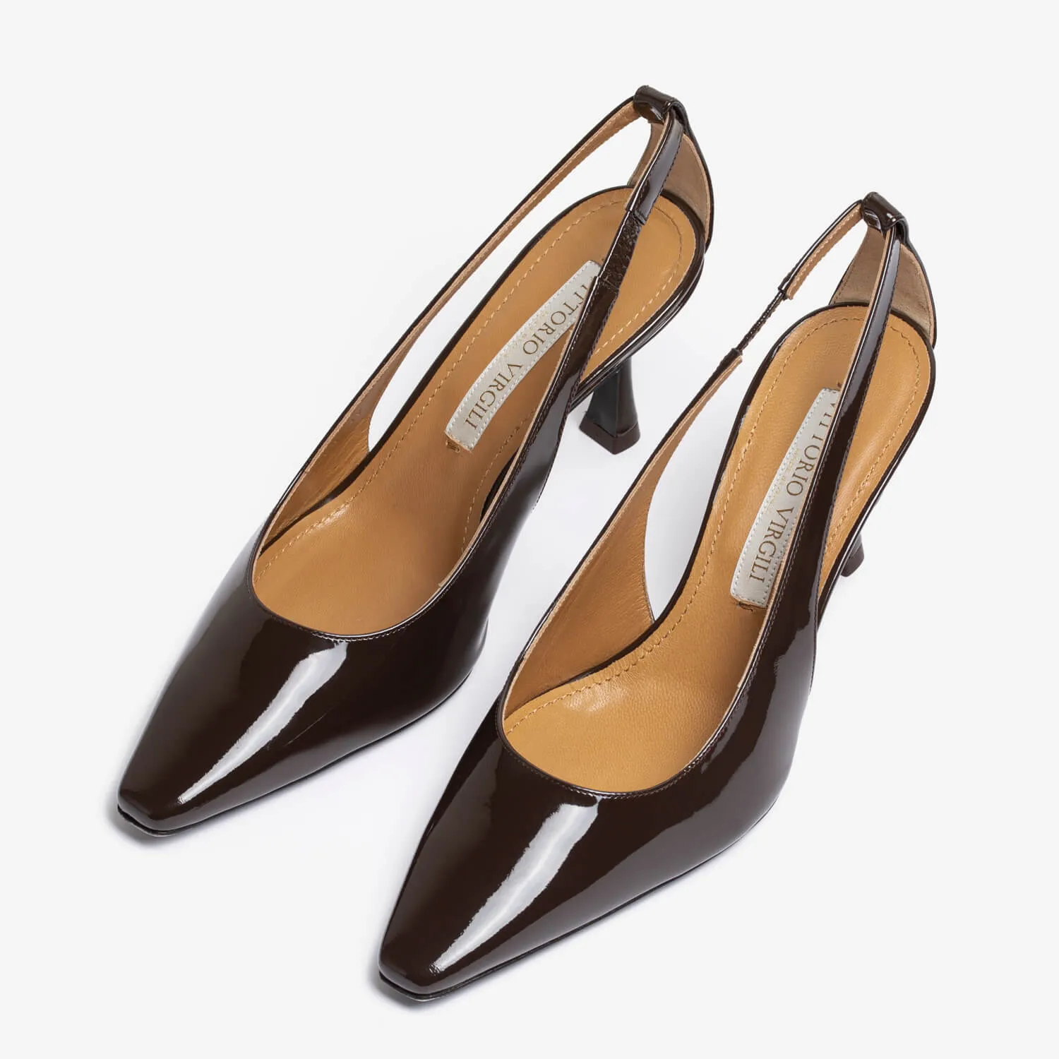 Dark brown women's patent leather sling back décolleté