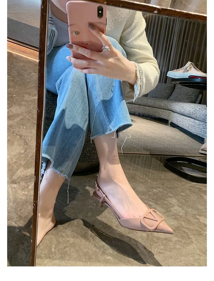 DEANWANGK  Grape Mom Studiolee  New Summer Pointed Toe Pumps V Buckle High Heel Back Empty Stiletto Sandals Women