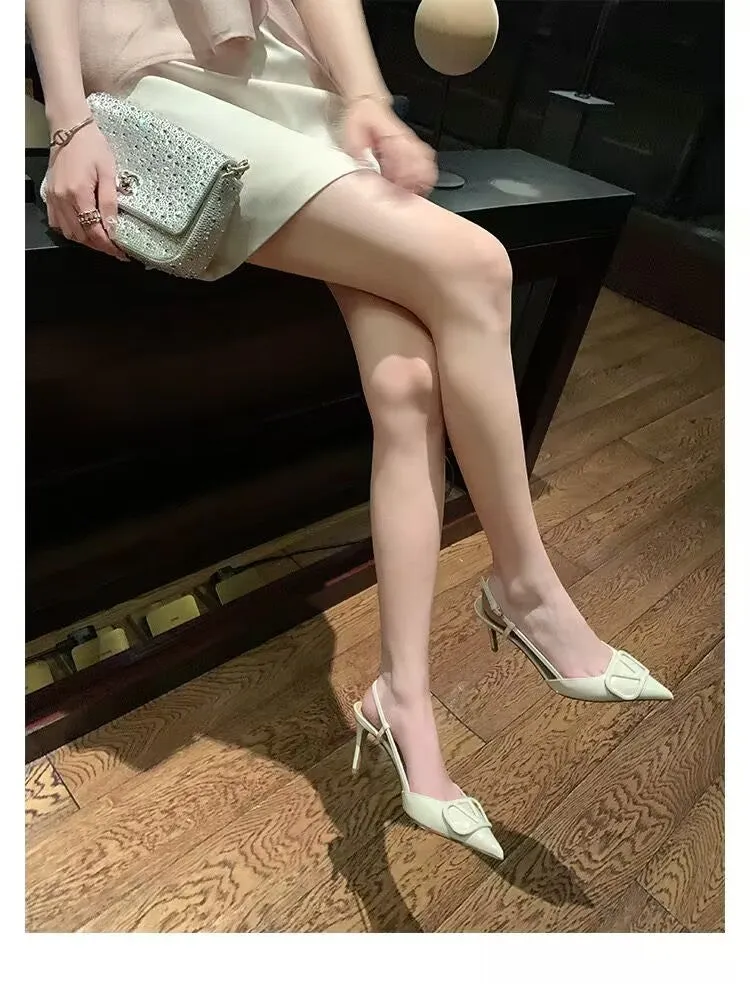 DEANWANGK  Grape Mom Studiolee  New Summer Pointed Toe Pumps V Buckle High Heel Back Empty Stiletto Sandals Women