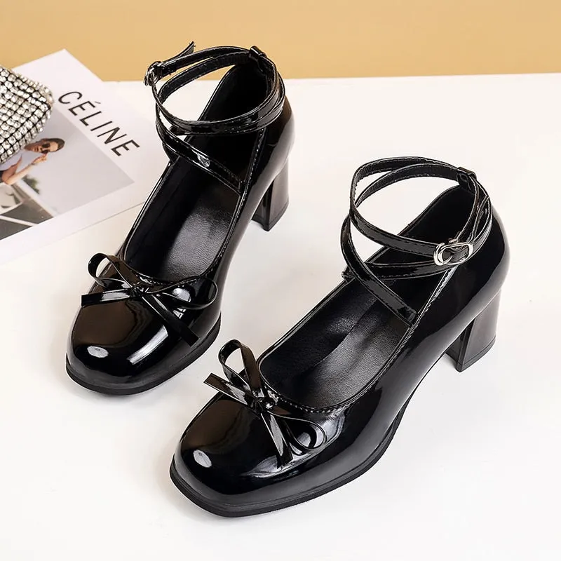 deanwangkt Black Retro Cross-Tie Pumps Casual  Summer Marry Janes Round Toe Shoes Ladies Lolita Sweet Fashion Shoes Woman Bow Design