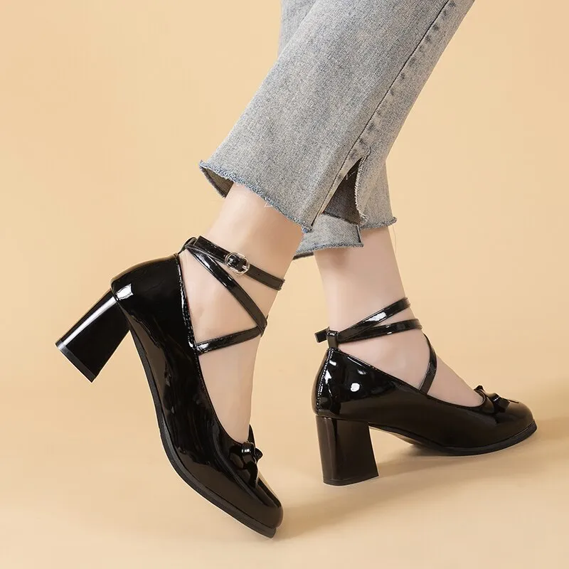 deanwangkt Black Retro Cross-Tie Pumps Casual  Summer Marry Janes Round Toe Shoes Ladies Lolita Sweet Fashion Shoes Woman Bow Design