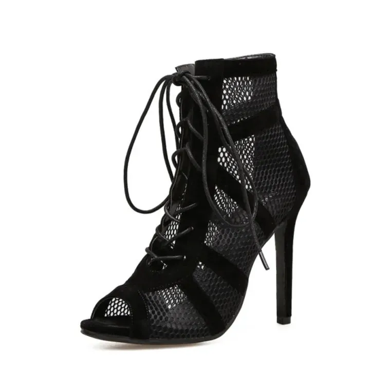 deanwangkt New Fashion Show Black Net Fabric Cross Strap Sexy High Heel Sandals Woman Shoes Pumps Lace-up Peep Toe Sandals Casual Mesh