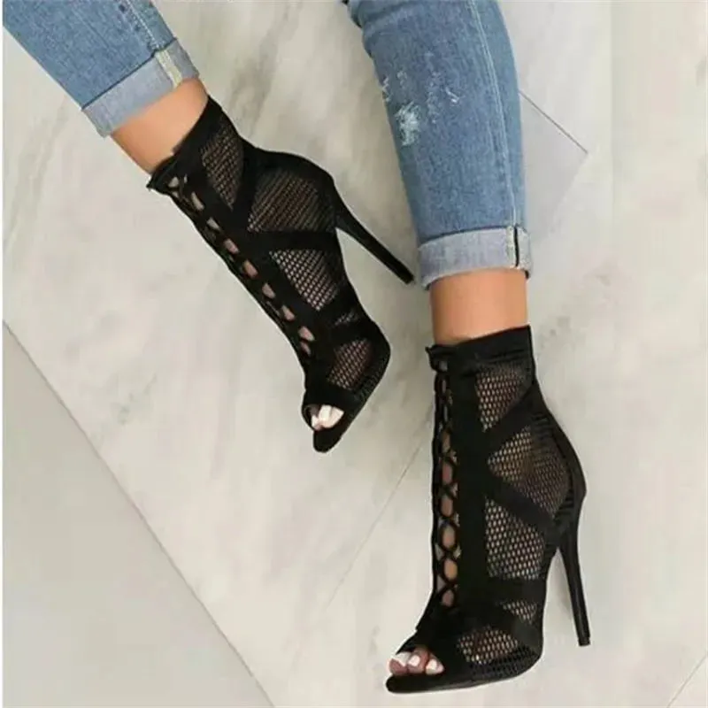 deanwangkt New Fashion Show Black Net Fabric Cross Strap Sexy High Heel Sandals Woman Shoes Pumps Lace-up Peep Toe Sandals Casual Mesh