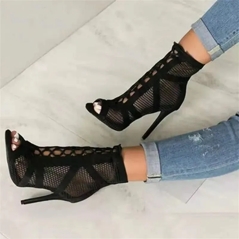 deanwangkt New Fashion Show Black Net Fabric Cross Strap Sexy High Heel Sandals Woman Shoes Pumps Lace-up Peep Toe Sandals Casual Mesh