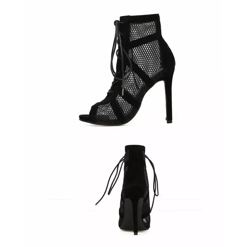 deanwangkt New Fashion Show Black Net Fabric Cross Strap Sexy High Heel Sandals Woman Shoes Pumps Lace-up Peep Toe Sandals Casual Mesh