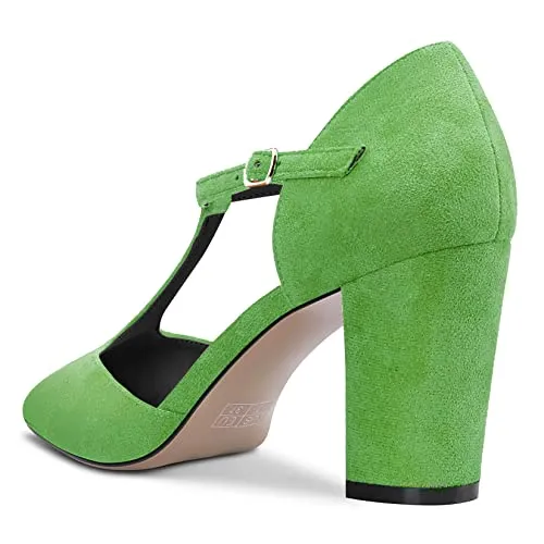 DearOnly Womens Pumps T-Strap Pointed Closed Toe Block Chunky High Heel Ankle Strap Sandals Suede Dress Shoes Bridal Wedding Shopping Light Green 3 Inch