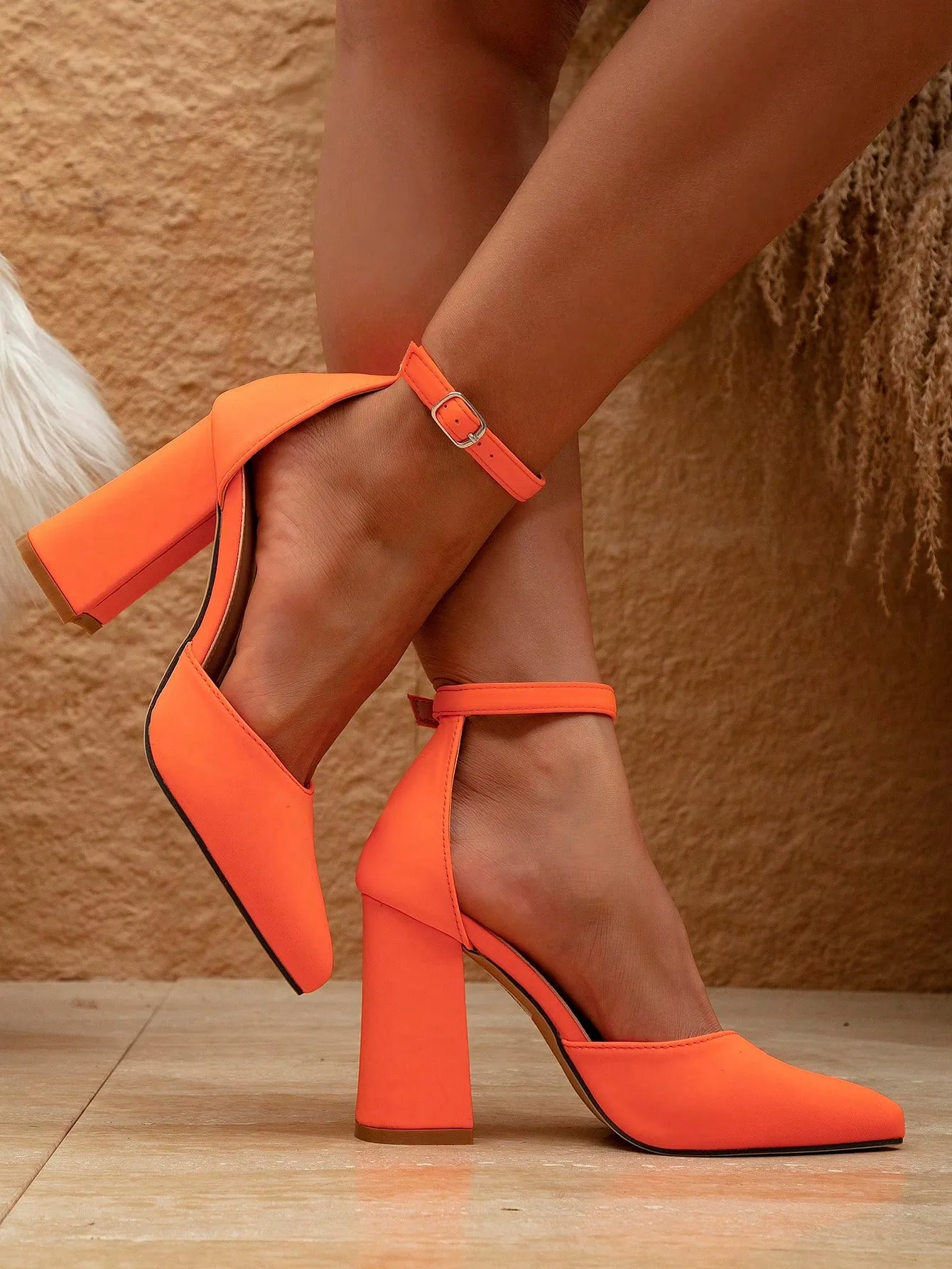 Elegant Thick Pointy Heel Orange Cross Strap Sandals