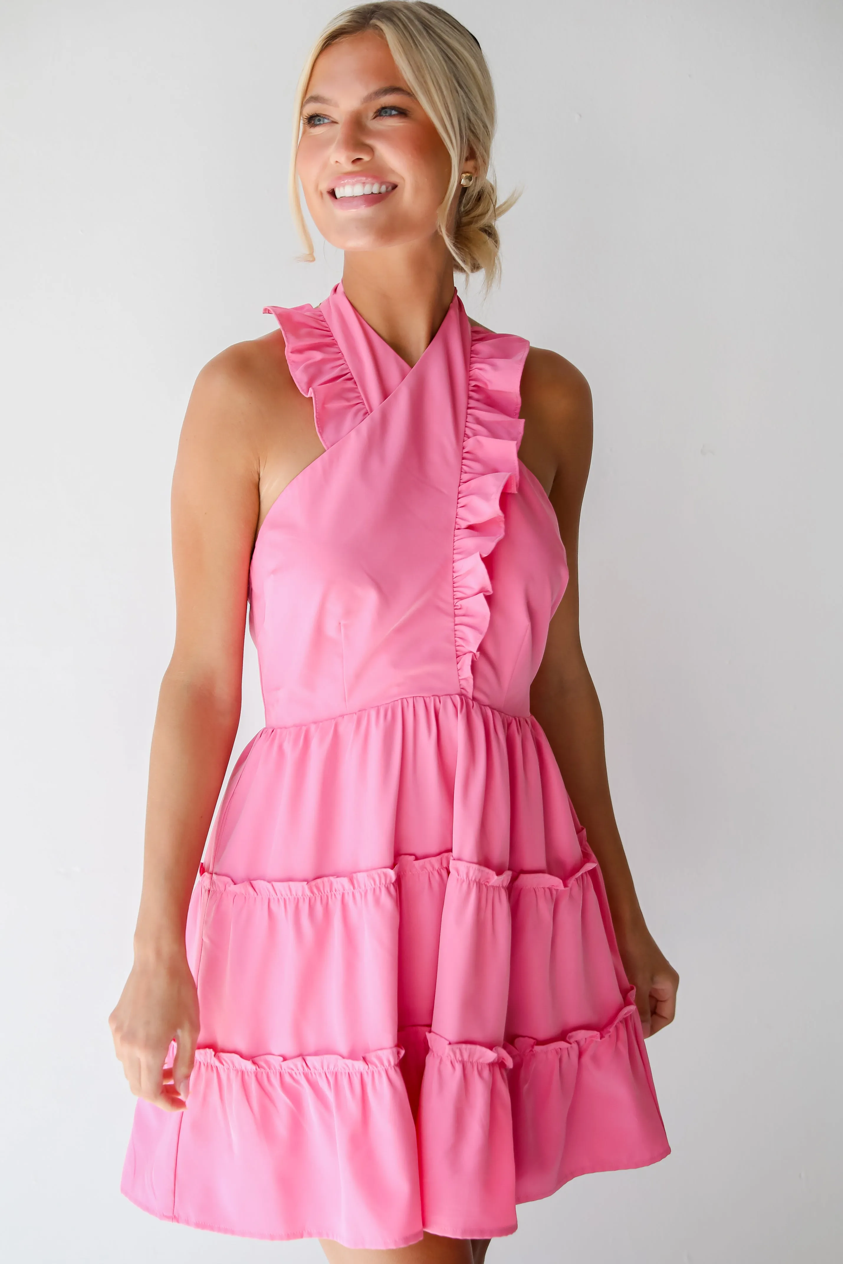 FINAL SALE - Cutest Feeling Pink Halter Ruffle Mini Dress