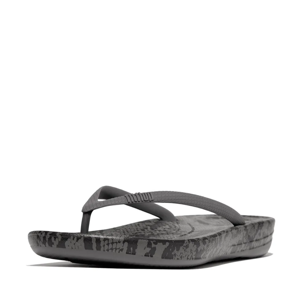 Fitflop iQushion Snake Print Thongs Pewter