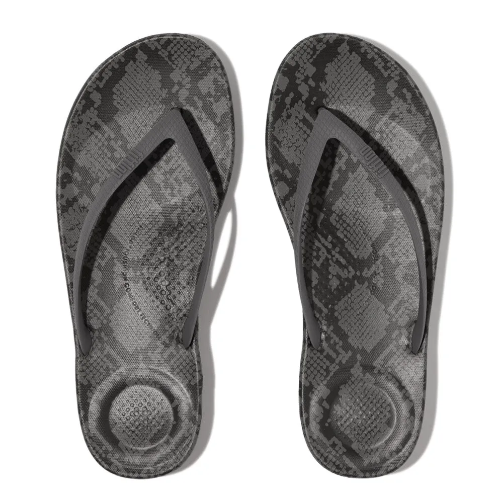 Fitflop iQushion Snake Print Thongs Pewter