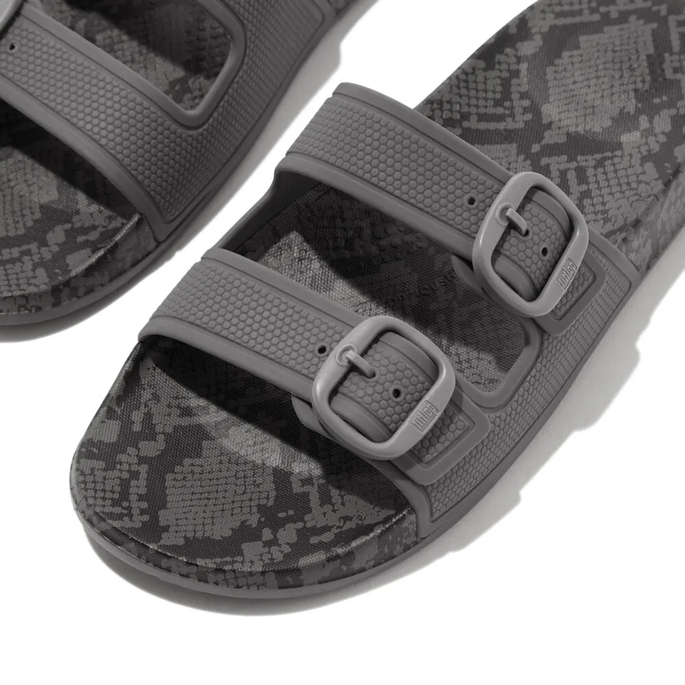 Fitflop iQushion Snake Print Two Bar Buckle Slides Pewter