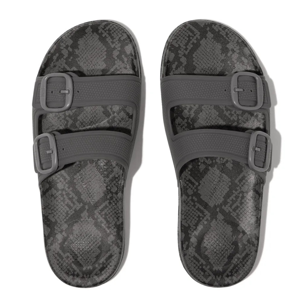 Fitflop iQushion Snake Print Two Bar Buckle Slides Pewter