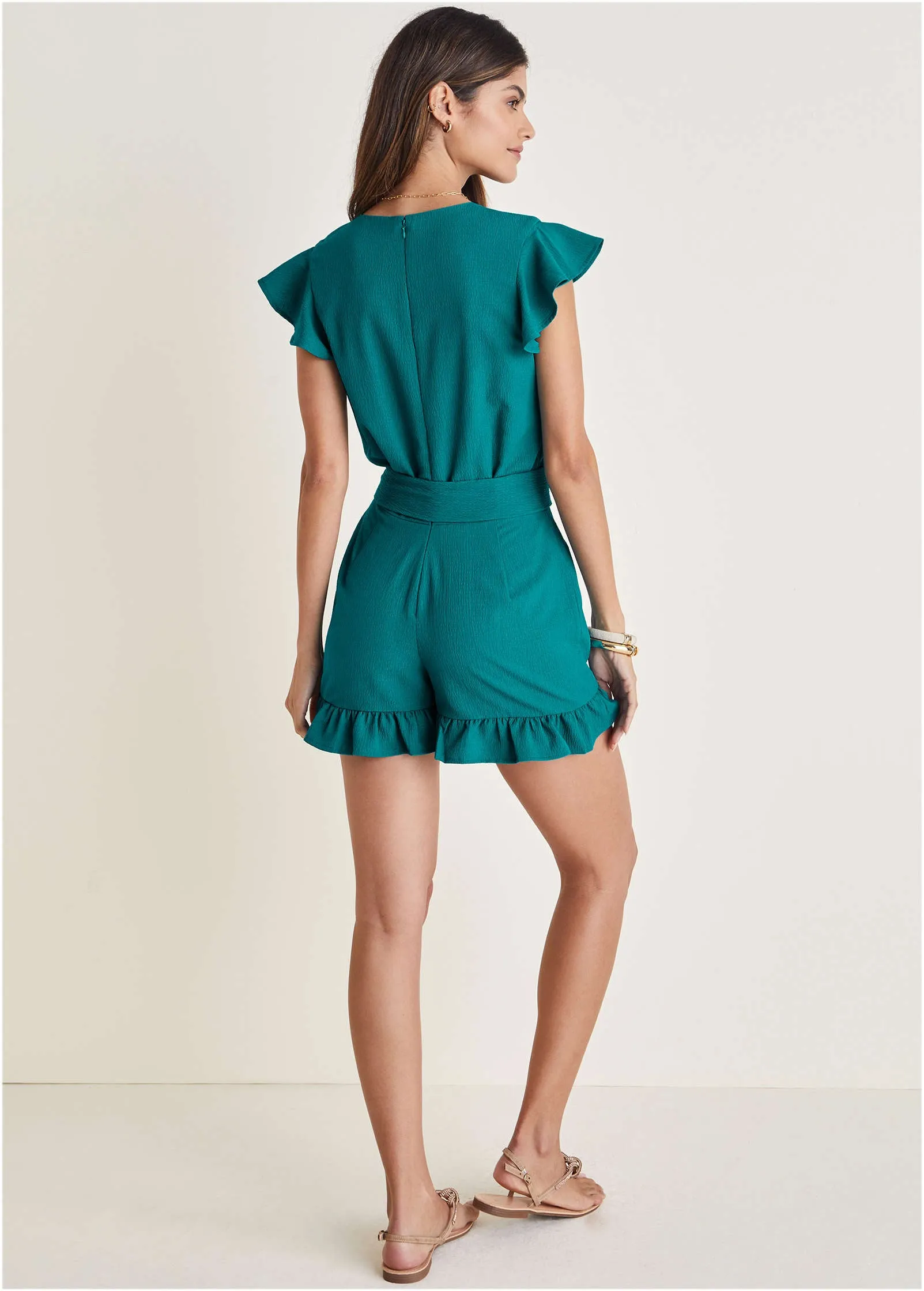 Fluted Satin Romper - Teal