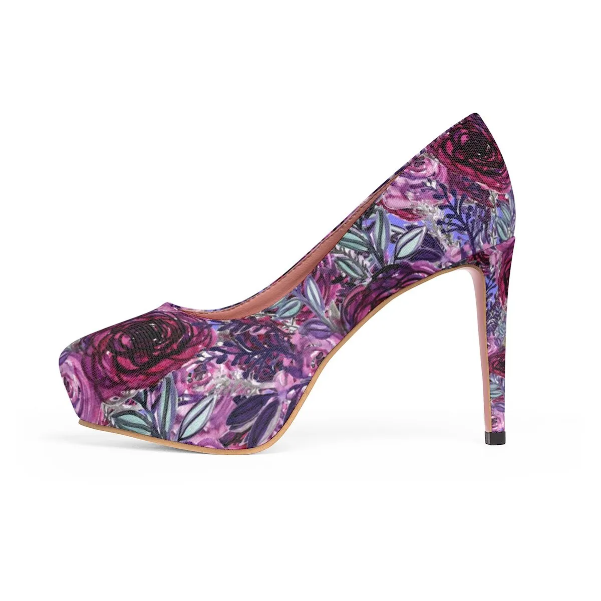 French Red Purple Rose Floral Print Women's Platform Heels Pumps Shoes