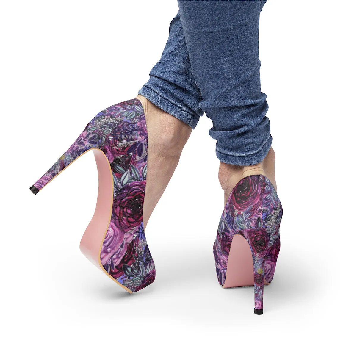 French Red Purple Rose Floral Print Women's Platform Heels Pumps Shoes