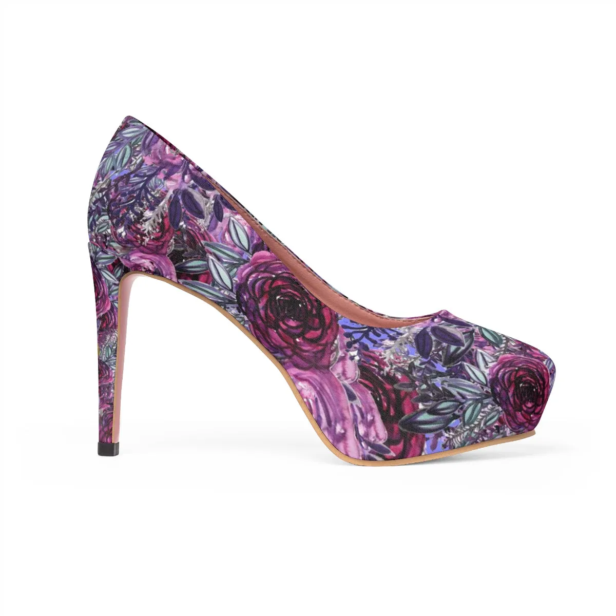 French Red Purple Rose Floral Print Women's Platform Heels Pumps Shoes