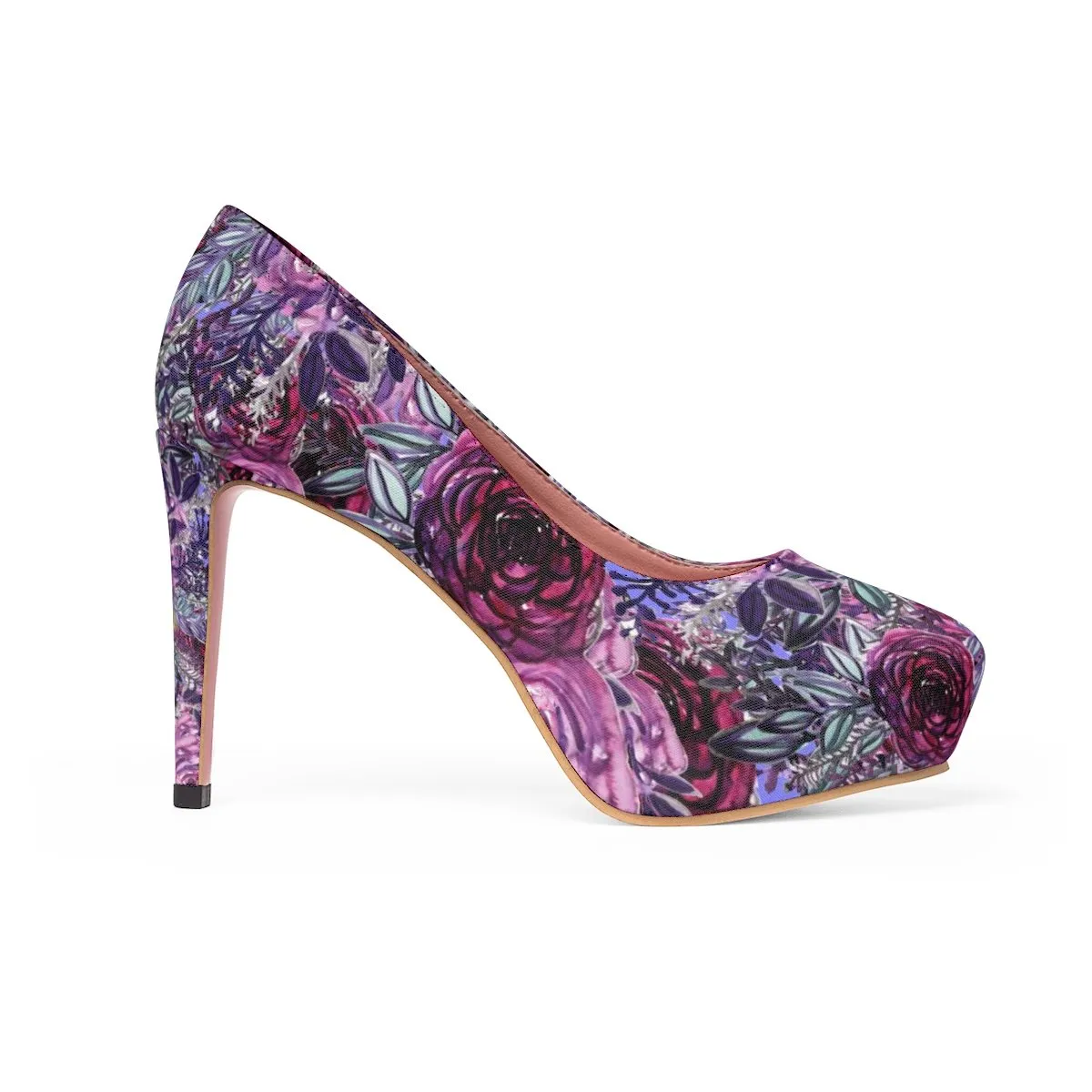 French Red Purple Rose Floral Print Women's Platform Heels Pumps Shoes