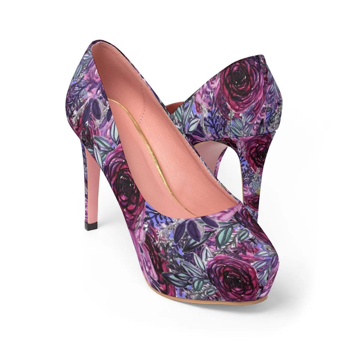 French Red Purple Rose Floral Print Women's Platform Heels Pumps Shoes