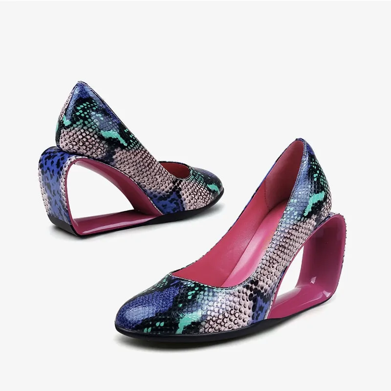 Genuine Leather Snakeskin Print Hollow High Heel Pumps