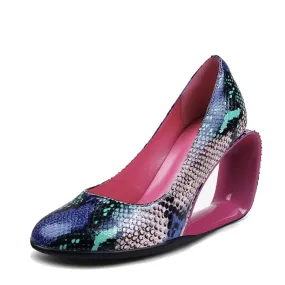 Genuine Leather Snakeskin Print Hollow High Heel Pumps