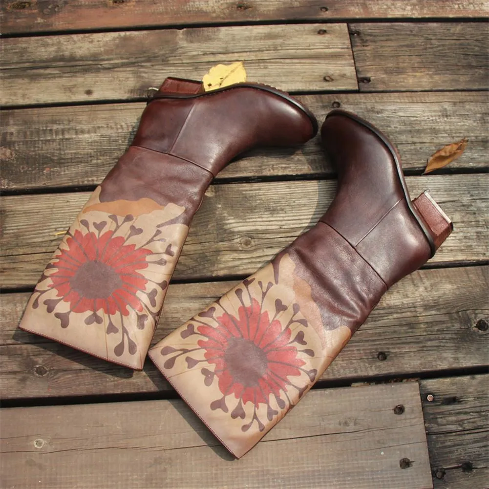 Handmade Leather Knee High Boots  Block Heel Biker Boots Retro Flowers