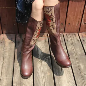 Handmade Leather Knee High Boots  Block Heel Biker Boots Retro Flowers