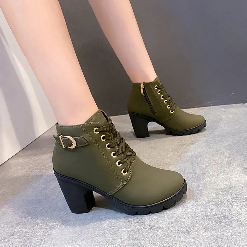 Hnzxzm 2024 New Spring Winter Women Pumps Boots High Quality Lace-up European Ladies Shoes PU High Heels Boots