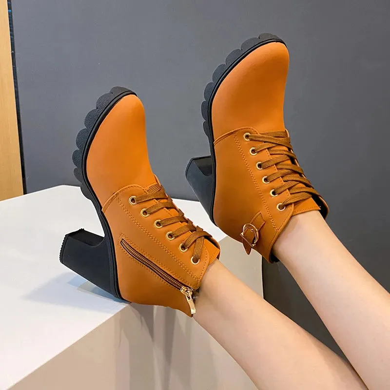 Hnzxzm 2024 New Spring Winter Women Pumps Boots High Quality Lace-up European Ladies Shoes PU High Heels Boots