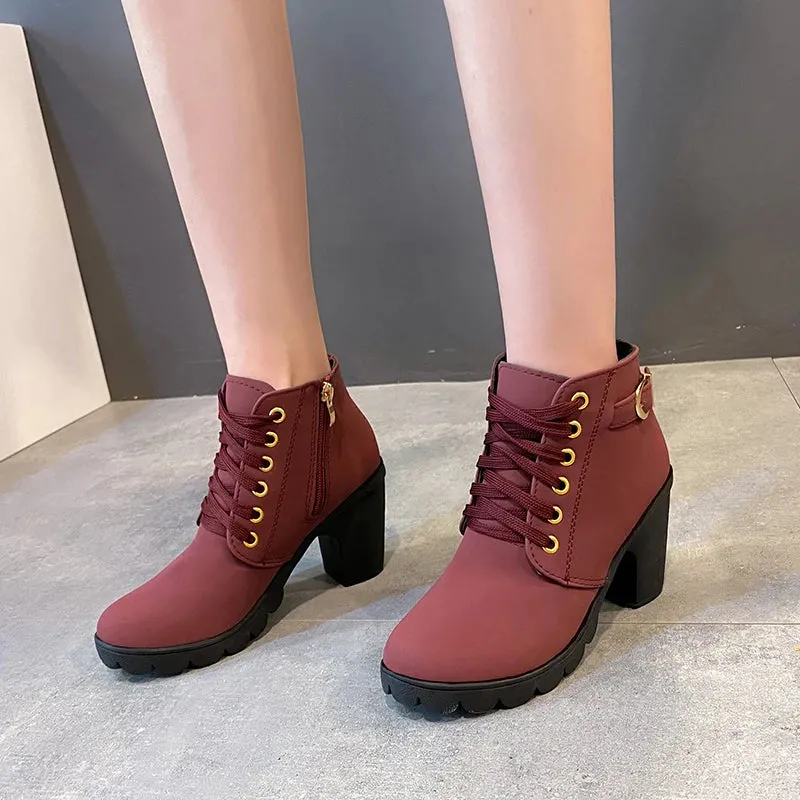 Hnzxzm 2024 New Spring Winter Women Pumps Boots High Quality Lace-up European Ladies Shoes PU High Heels Boots