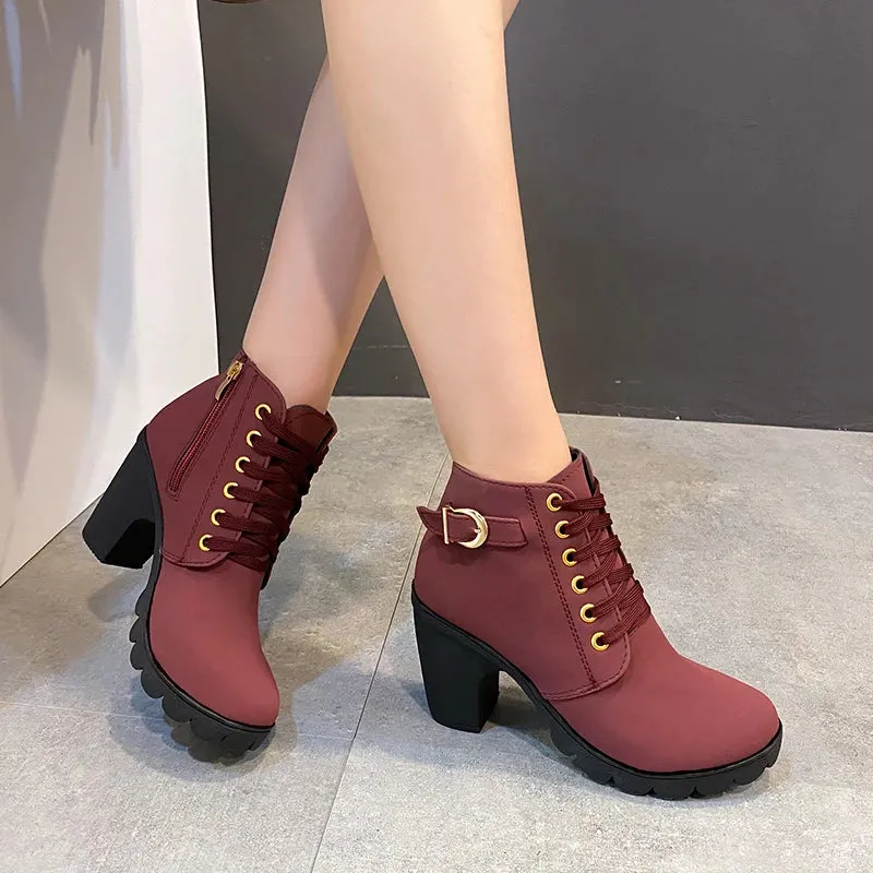 Hnzxzm 2024 New Spring Winter Women Pumps Boots High Quality Lace-up European Ladies Shoes PU High Heels Boots