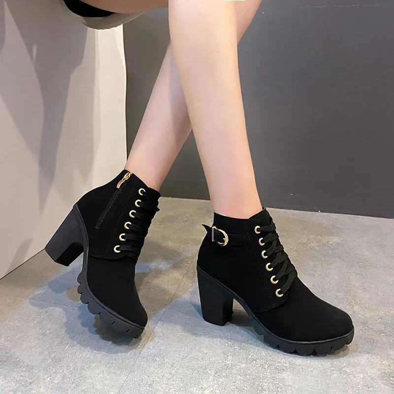 Hnzxzm 2024 New Spring Winter Women Pumps Boots High Quality Lace-up European Ladies Shoes PU High Heels Boots