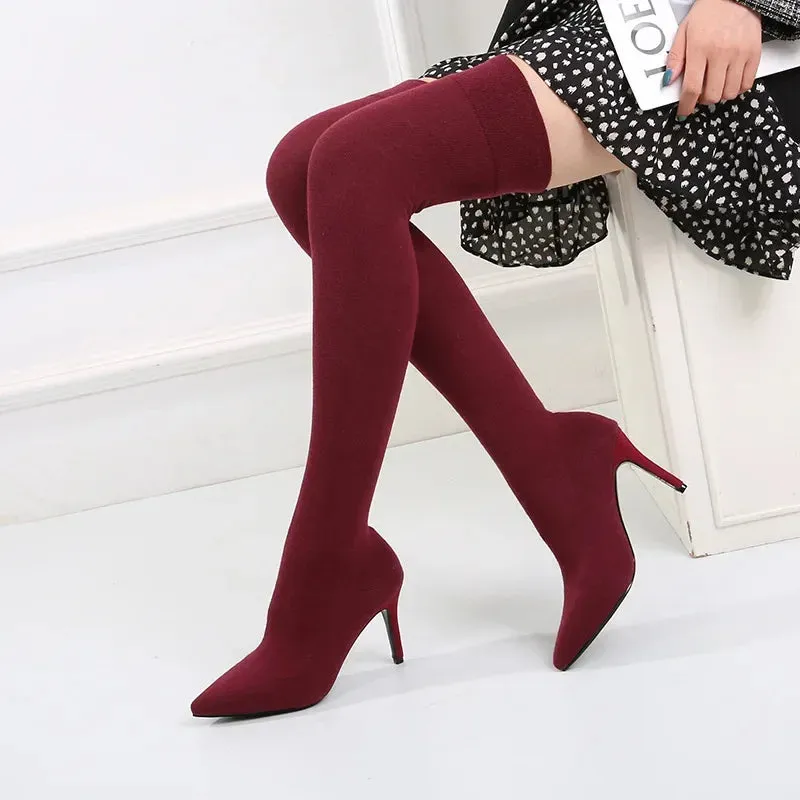 Hnzxzm Fashion Pumps Small Size 31 32 33 Sexy Pointed Sock Boots Knit Elastic Long Boots Woman Over The Knee Boot Thin Heel Booties