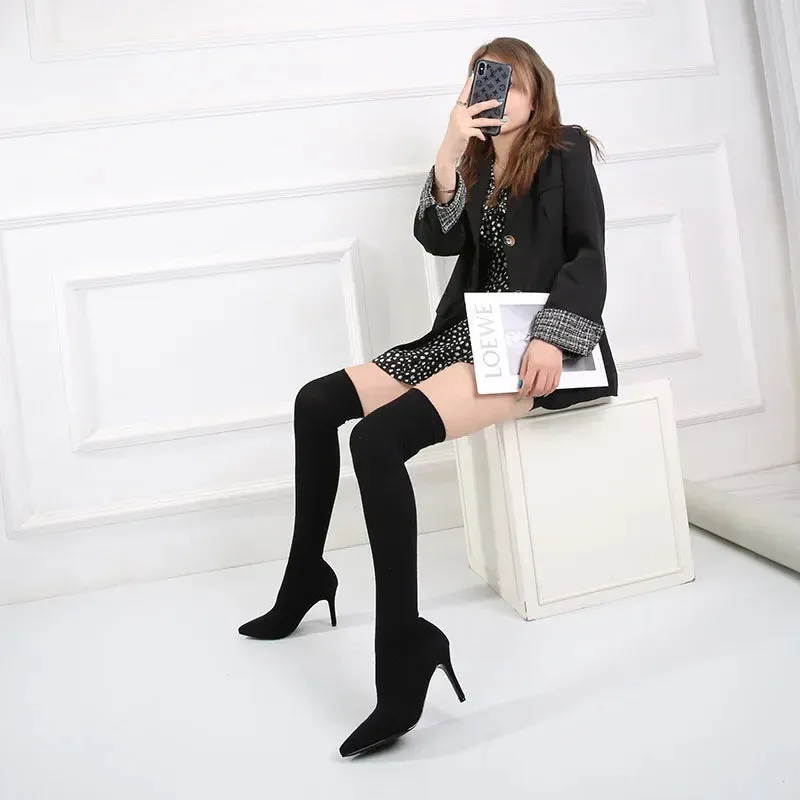 Hnzxzm Fashion Pumps Small Size 31 32 33 Sexy Pointed Sock Boots Knit Elastic Long Boots Woman Over The Knee Boot Thin Heel Booties