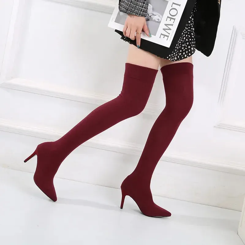 Hnzxzm Fashion Pumps Small Size 31 32 33 Sexy Pointed Sock Boots Knit Elastic Long Boots Woman Over The Knee Boot Thin Heel Booties