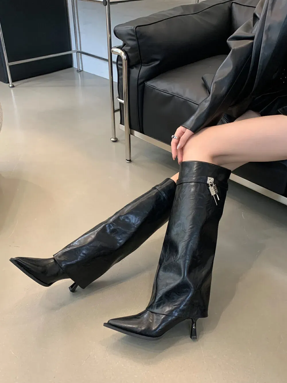 Hnzxzm Pointed Toe Women Knee High Boots Solid Color Thin High Heels Black Brown White Chelsea Boots Woman Size 35-39 Party Pumps Brown