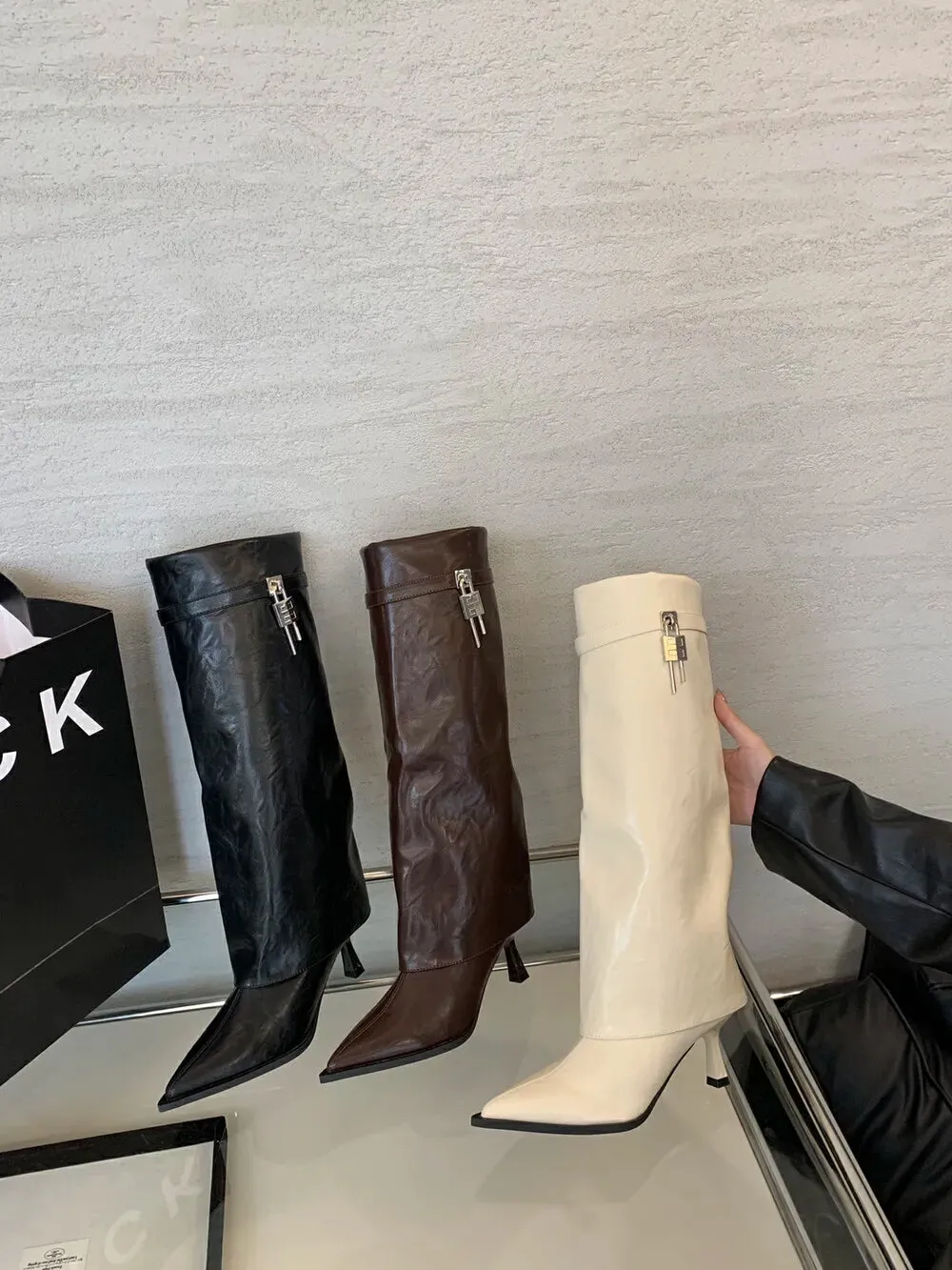 Hnzxzm Pointed Toe Women Knee High Boots Solid Color Thin High Heels Black Brown White Chelsea Boots Woman Size 35-39 Party Pumps Brown