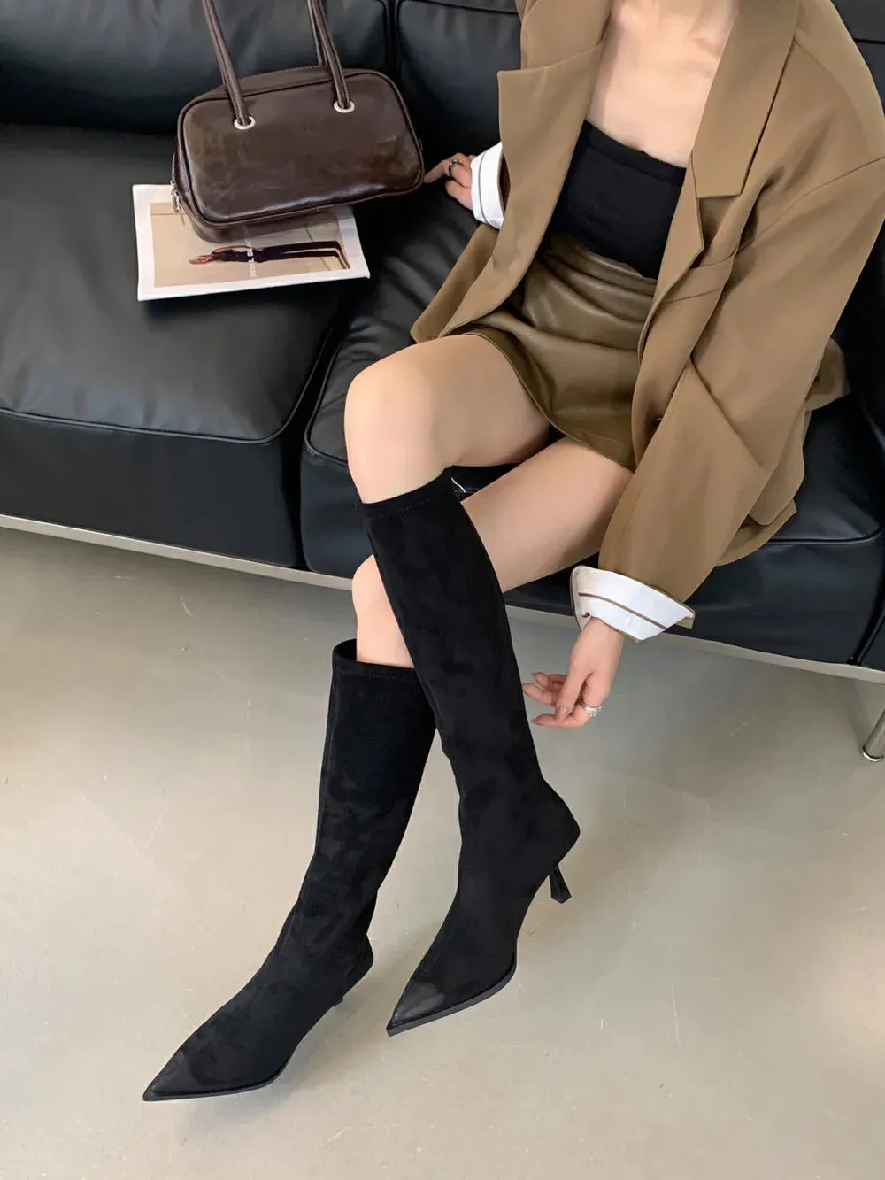 Hnzxzm Pointed Toe Women Knee High Boots Suede Dress Shoes Thin High Heels Party Pumps Black Beige Brown Back Zipper Chelsea Botas 39