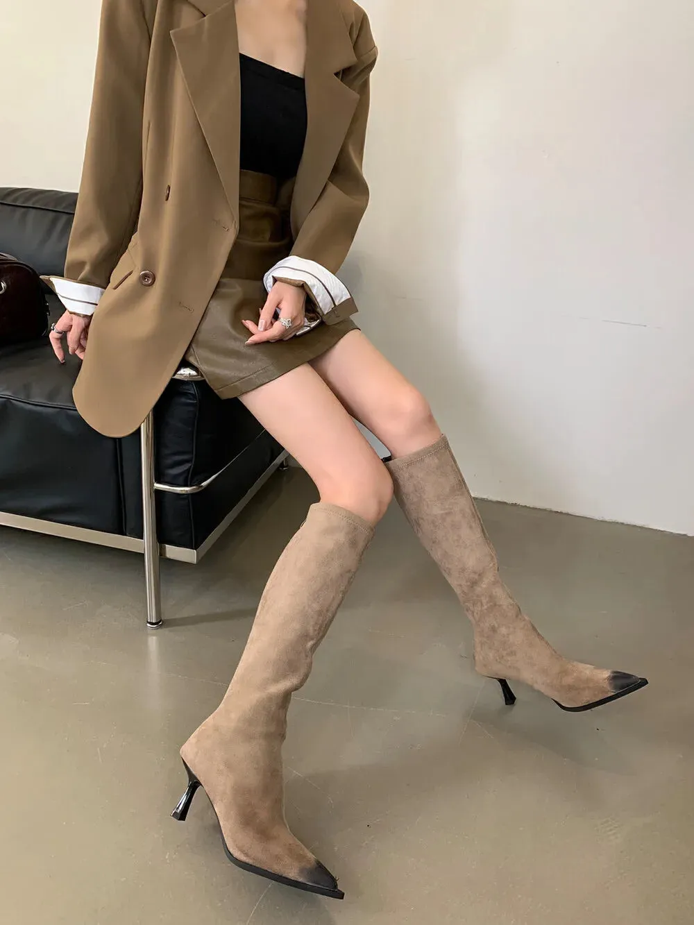 Hnzxzm Pointed Toe Women Knee High Boots Suede Dress Shoes Thin High Heels Party Pumps Black Beige Brown Back Zipper Chelsea Botas 39